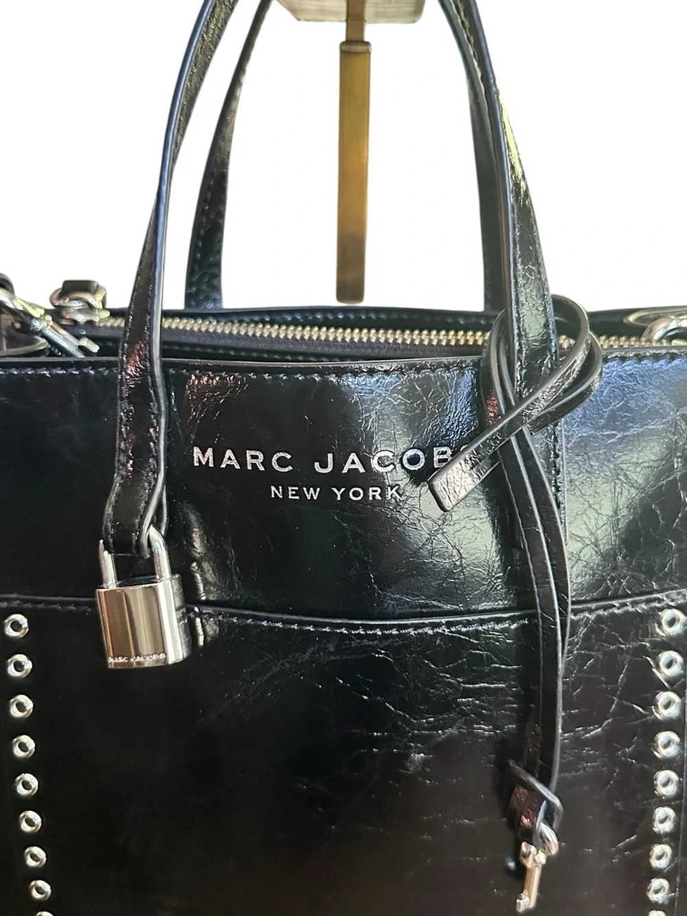 Marc Jacobs Shiny Crinkle Leather Mini Tote Crossbody Padlock Black NWOT
